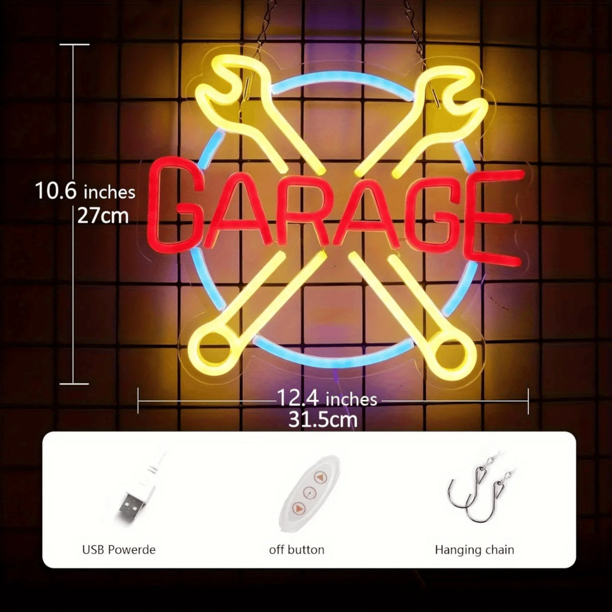 Two Bay "GARAGE" Crossed-Wrench LED Neon Sign