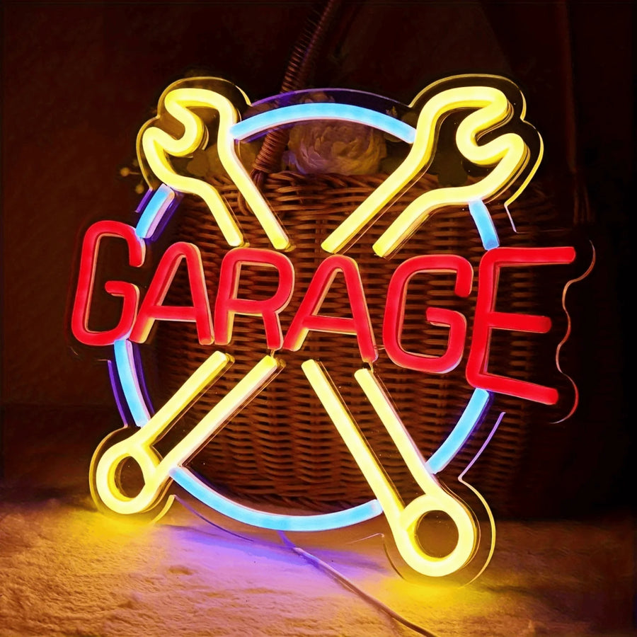 Two Bay "GARAGE" Crossed-Wrench LED Neon Sign