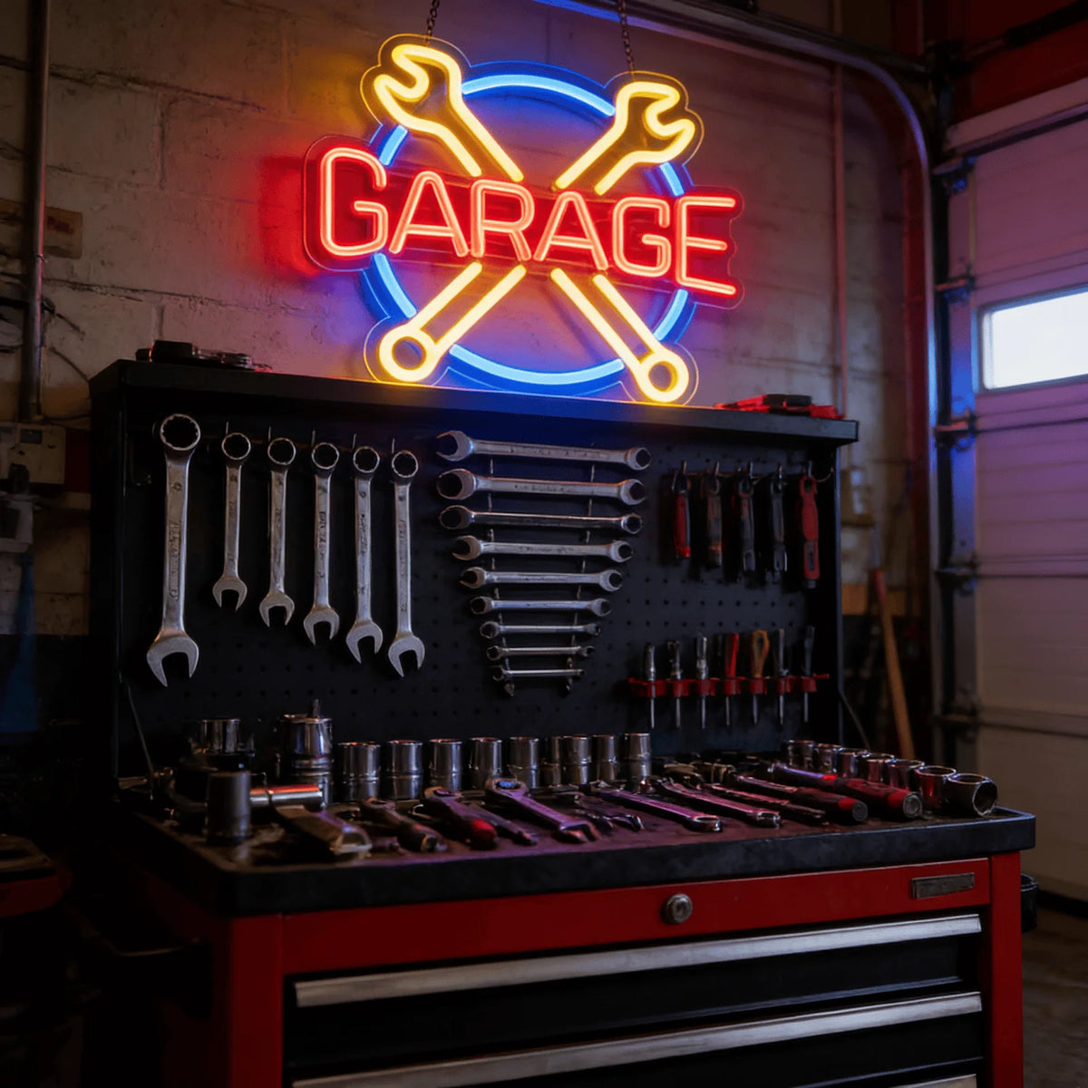 Two Bay "GARAGE" Crossed-Wrench LED Neon Sign
