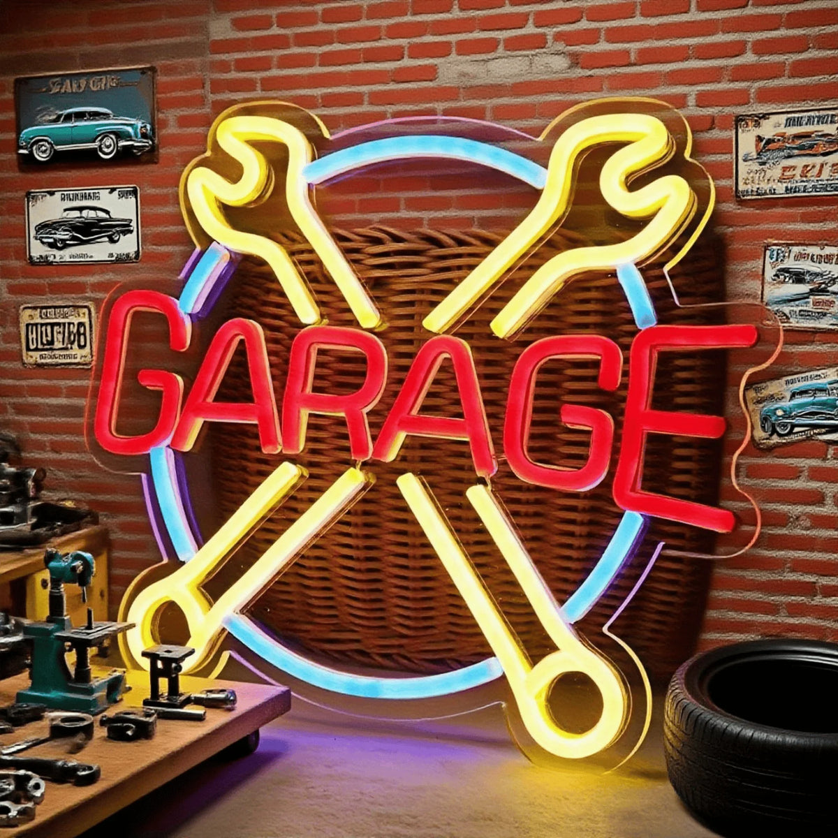 Two Bay "GARAGE" Crossed-Wrench LED Neon Sign
