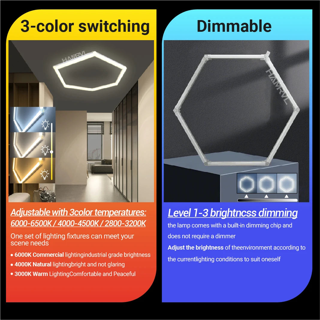 Two Bay Tri-Color Dimmable Hex Light, 3000K / 4000K / 6000K or RGB