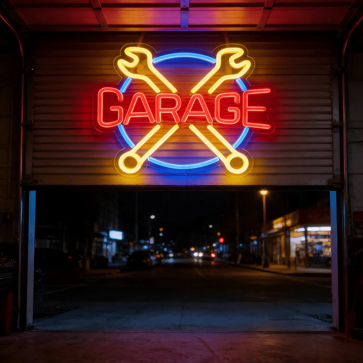 Two Bay "GARAGE" Crossed-Wrench LED Neon Sign