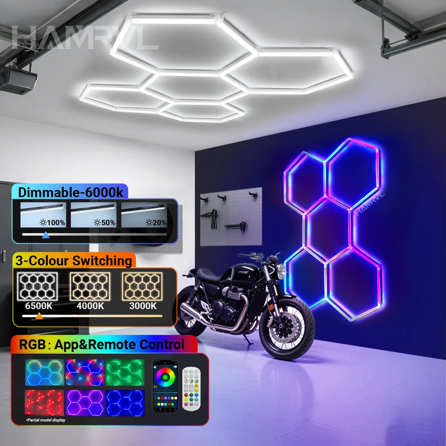 Two Bay Tri-Color Dimmable Hex Light, 3000K / 4000K / 6000K or RGB