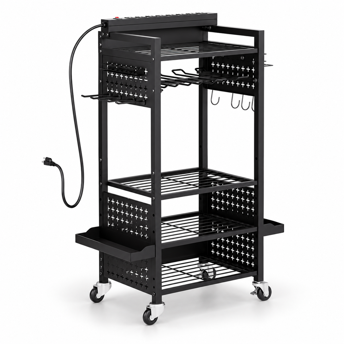 Rolling Charging Tool Cart, 4 Shelves — Black on white background