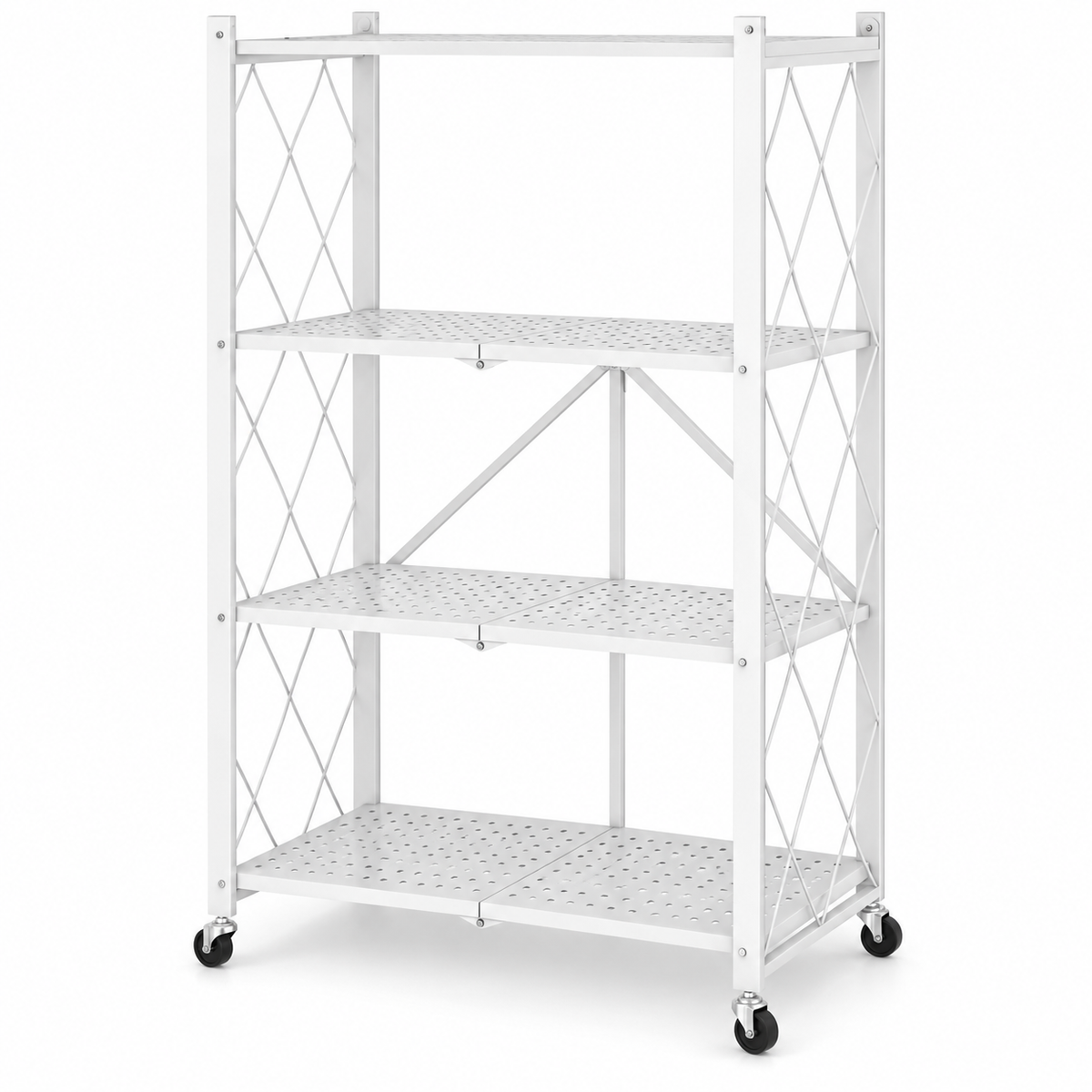 4-Tier Folding Garage Shelf on Wheels — White on white background