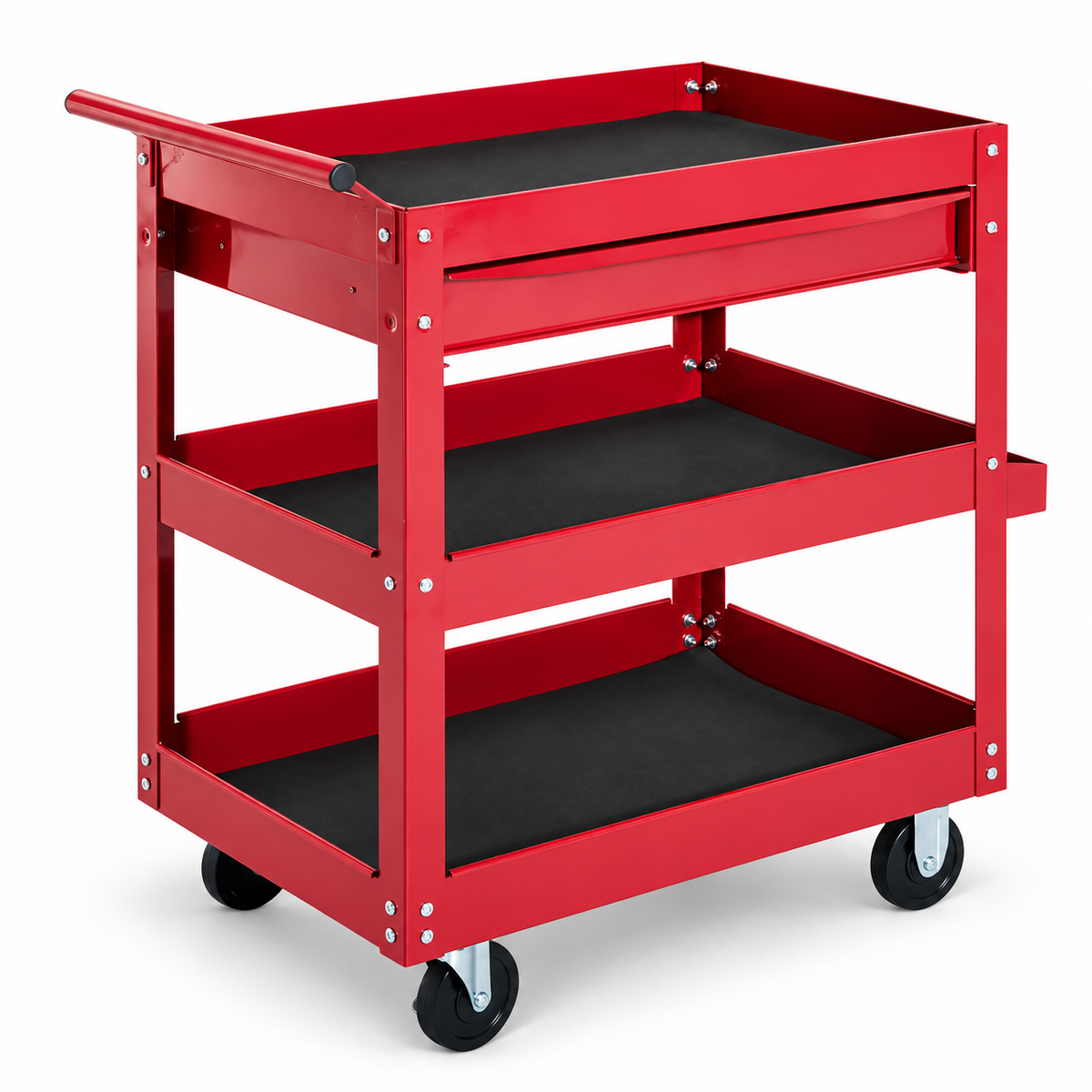 3-Tray Rolling Tool Cart with Drawer — Red on white background