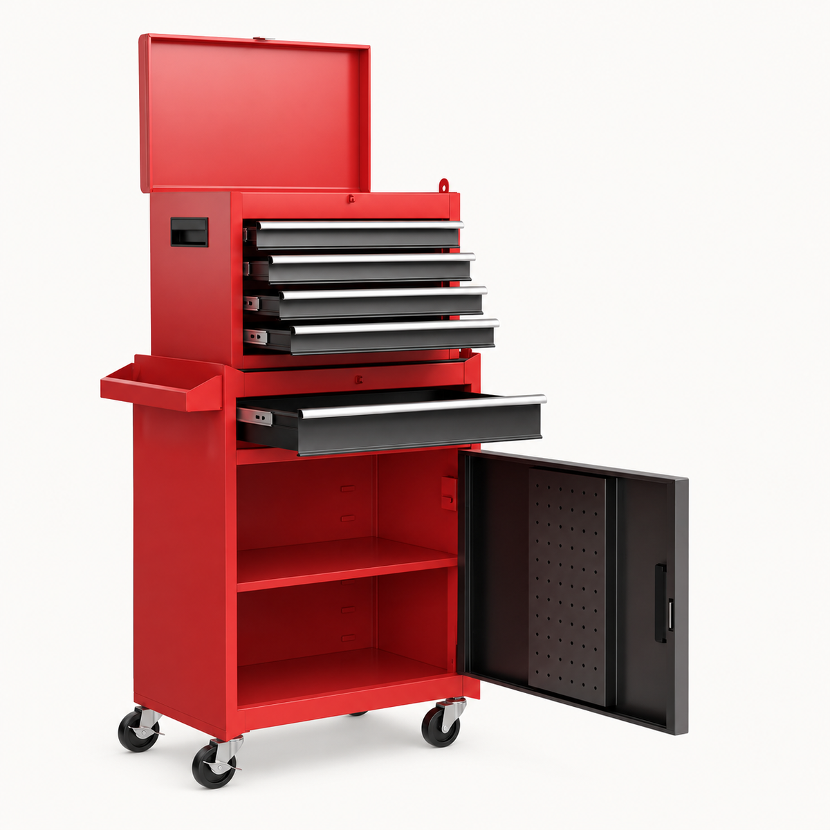 Rolling Tool Chest, 5 Drawers & Detachable Top Box, Red