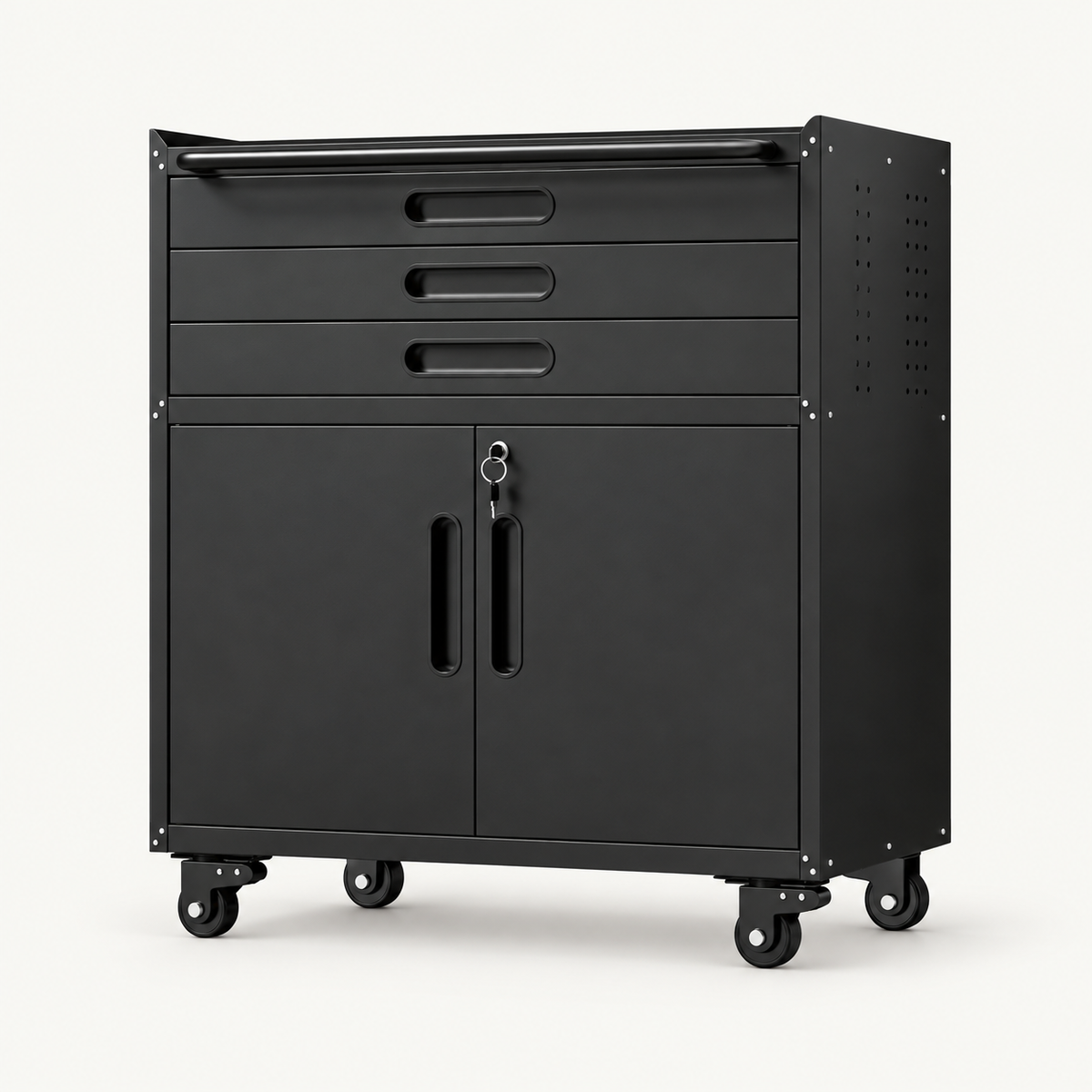 Rolling Tool Cabinet, 3 Drawers & Lockable Doors, Black