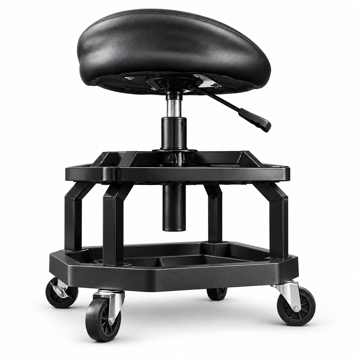 Adjustable Rolling Shop Stool, 300 lb — Black on white background