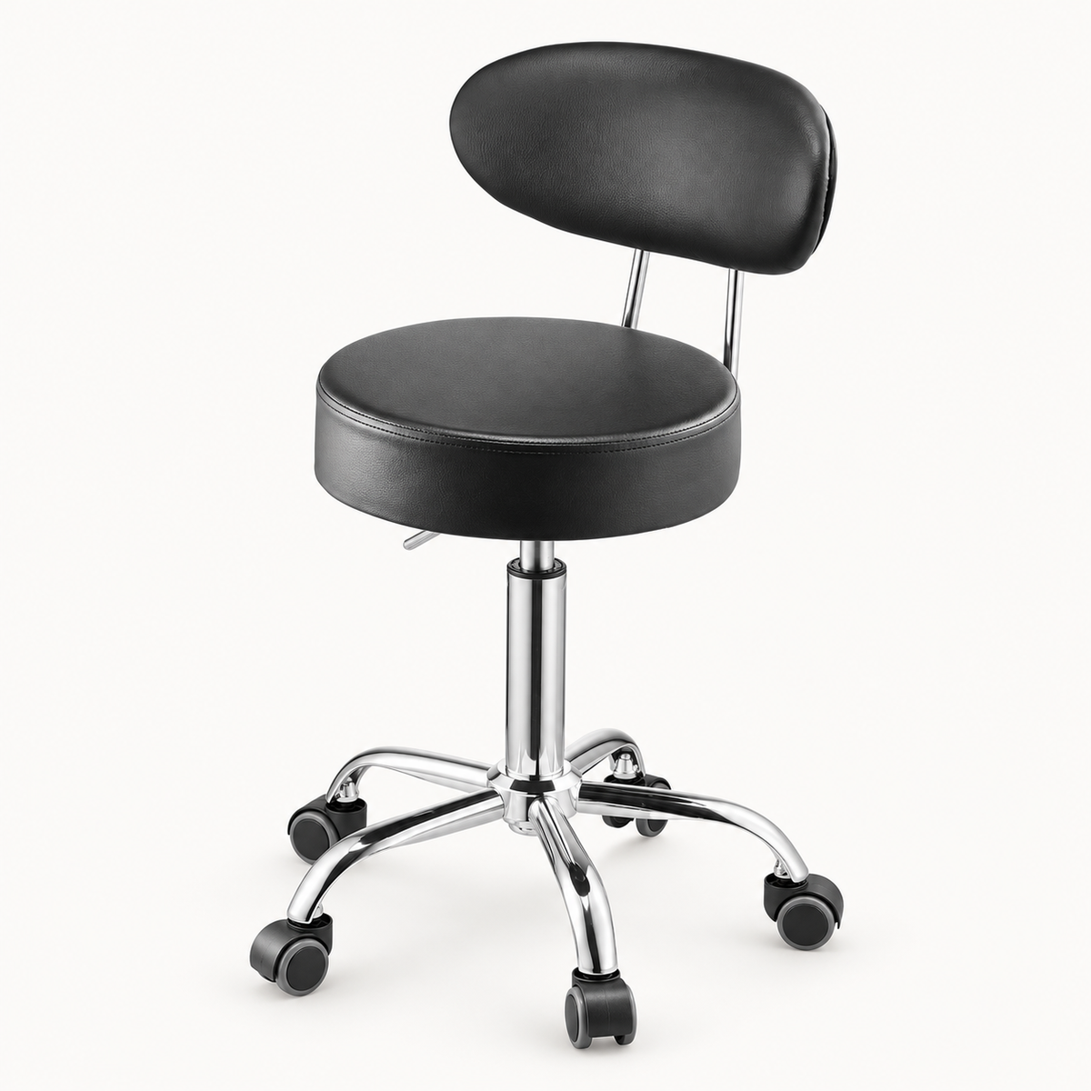 Pneumatic Rolling Shop Stool with Backrest, Black, 300 lb