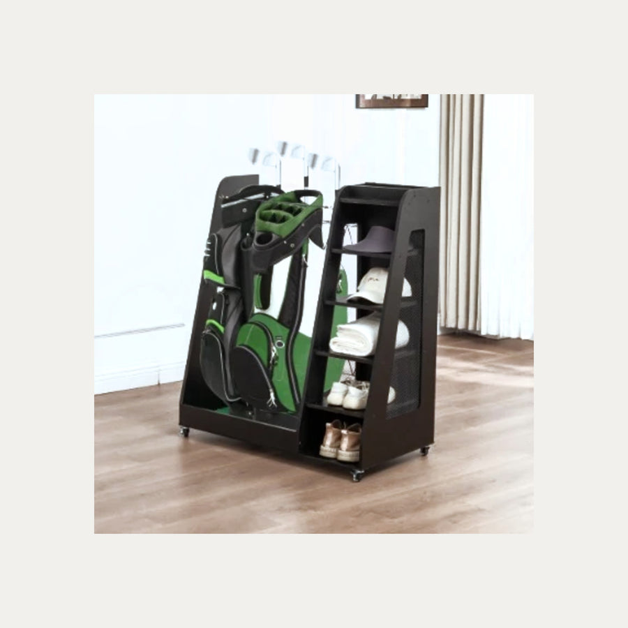Golf Bag Organizer for Garage, Wooden 2-Bag Storage Rack with Shelves
