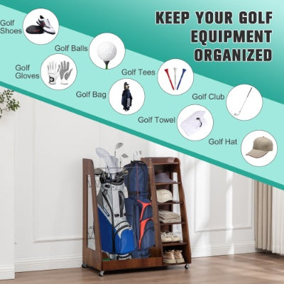 Golf Bag Organizer for Garage, Wooden 2-Bag Storage Rack with Shelves