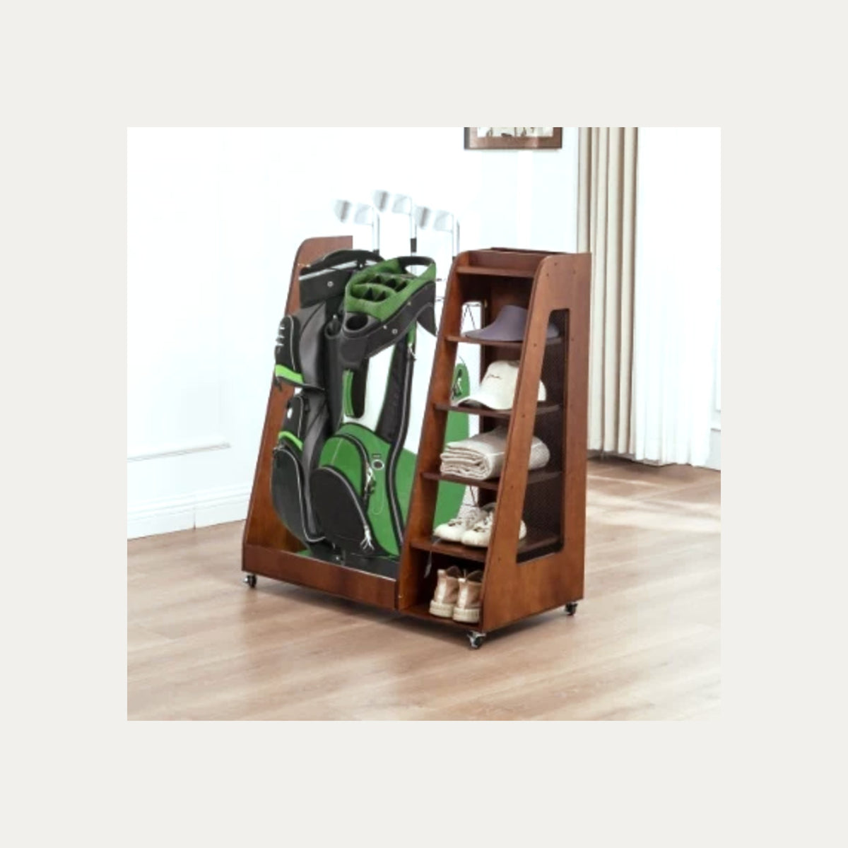 Golf Bag Organizer for Garage, Wooden 2-Bag Storage Rack with Shelves