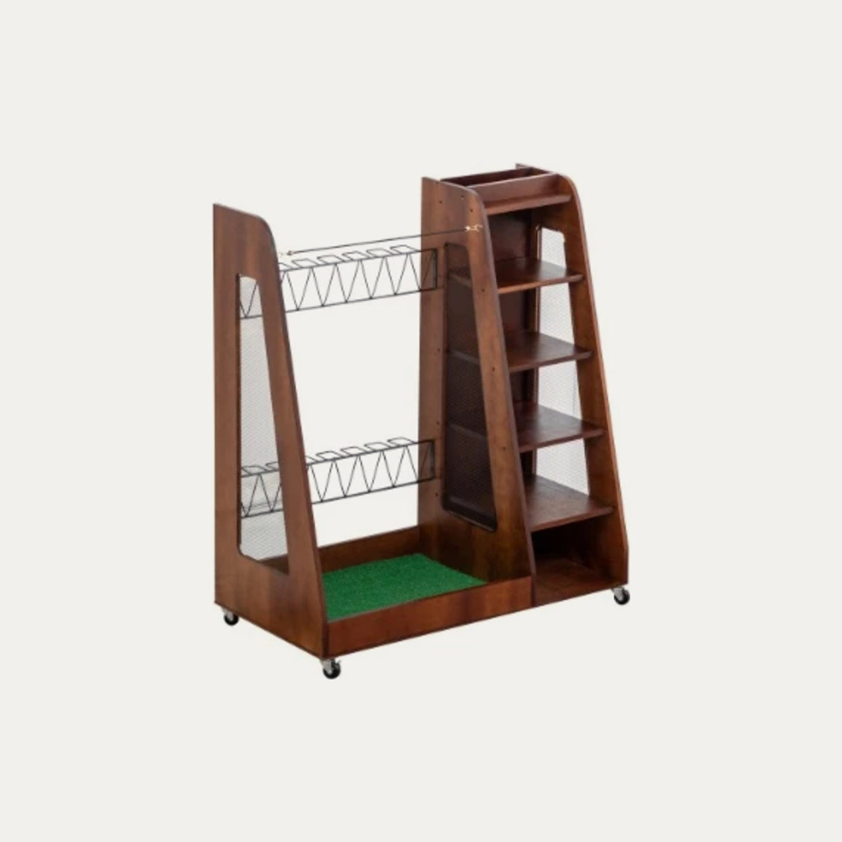 Golf Bag Organizer for Garage, Wooden 2-Bag Storage Rack with Shelves