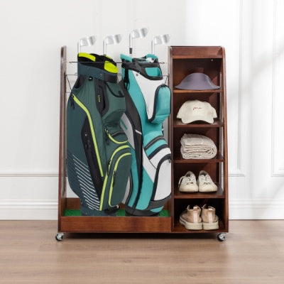 Golf Bag Organizer for Garage, Wooden 2-Bag Storage Rack with Shelves