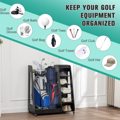Golf Bag Organizer for Garage, Wooden 2-Bag Storage Rack with Shelves
