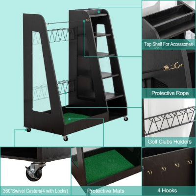 Golf Bag Organizer for Garage, Wooden 2-Bag Storage Rack with Shelves