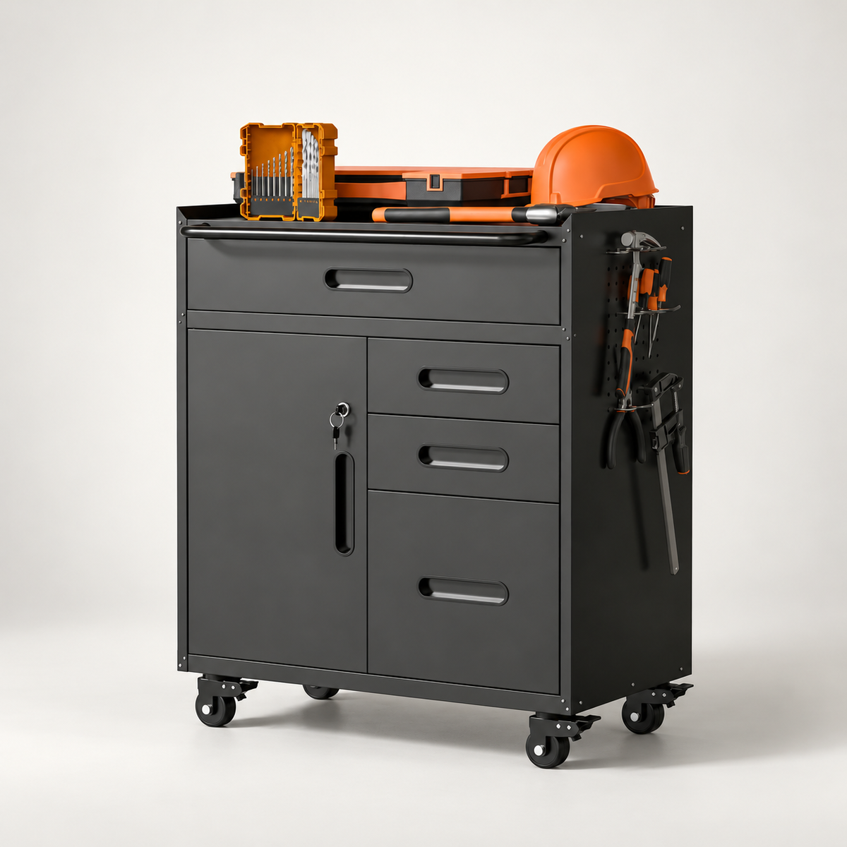 Black rolling tool cabinet with four drawers and lockable storage; tools and helmet are staged accessories