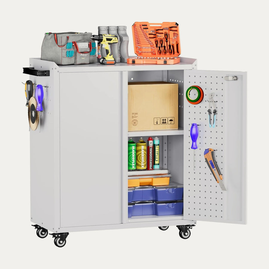 Metal Garage Storage Cabinet with 2 Doors, Adjustable Shelves & Tool Hooks
