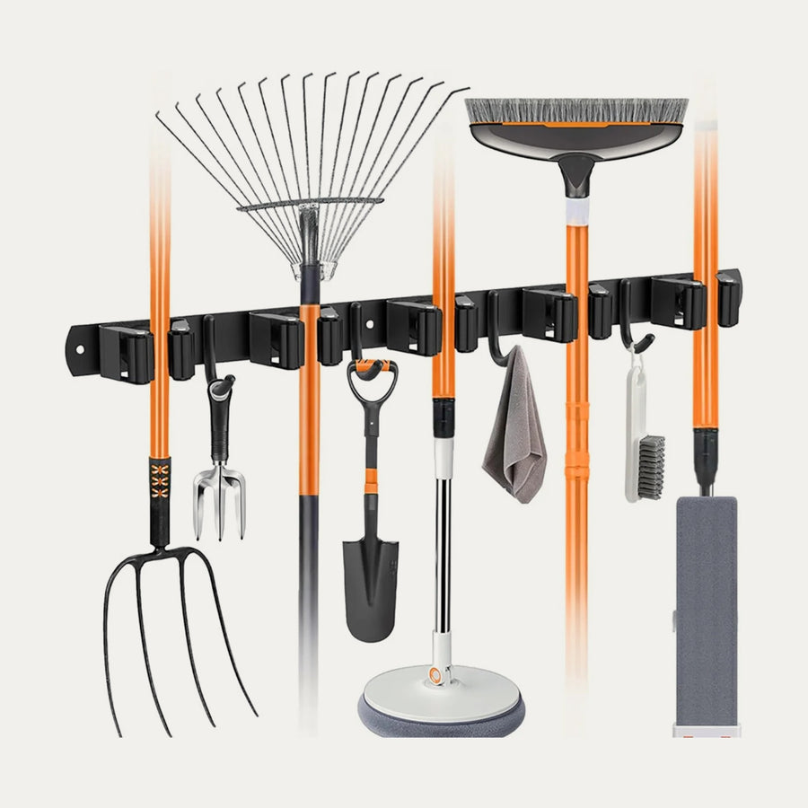Heavy-Duty Wall-Mount Tool & Broom Holder, Garage Rake and Shovel Organizer
