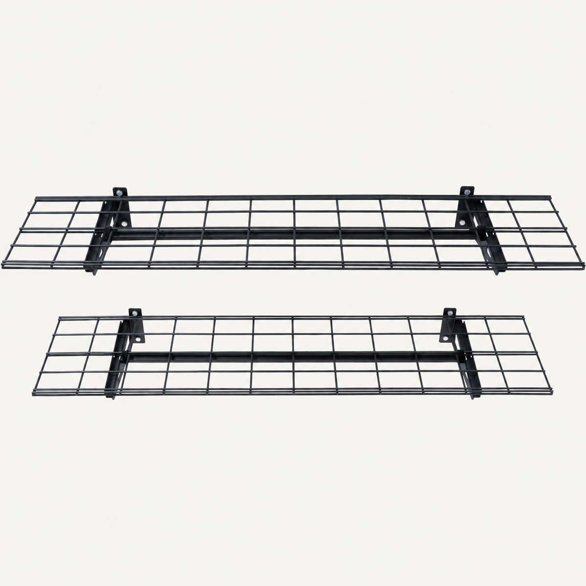 Two black 48-inch wall-mounted metal garage shelves