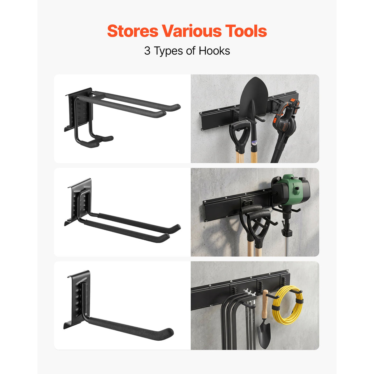 Garage Wall Track Storage System, 49.5 in, 600 lb Capacity, 3 Rails + 9 Hooks