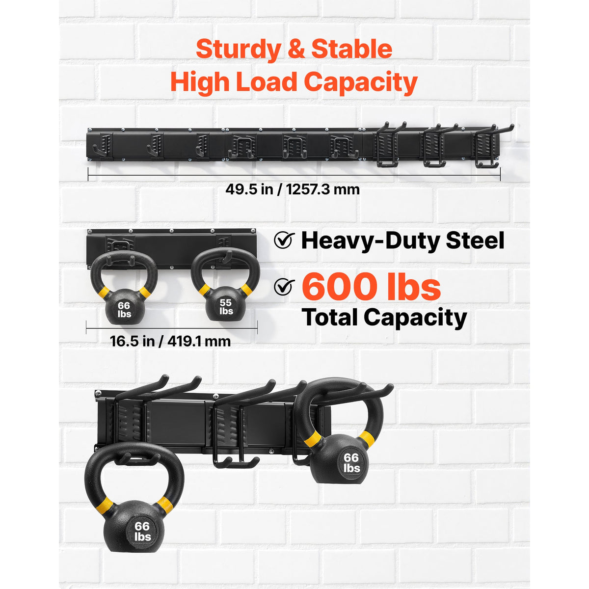 Garage Wall Track Storage System, 49.5 in, 600 lb Capacity, 3 Rails + 9 Hooks