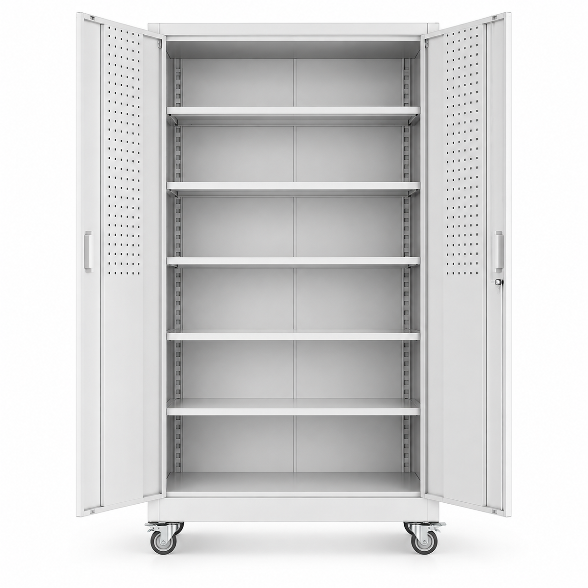 71-Inch Rolling Garage Cabinet, 5 Shelves — White on white background